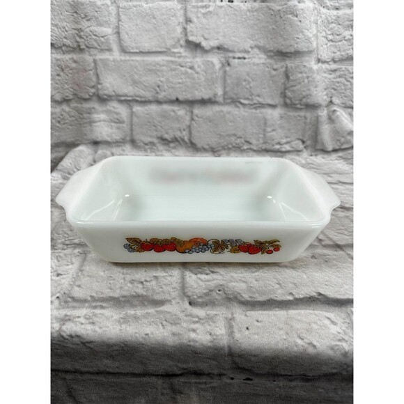 Vtg Thanksgiving Anchor Hocking 1Qt 5x9 Baking Dish Milk Glass Fruit Pattern 441 - Picture 5 of 7